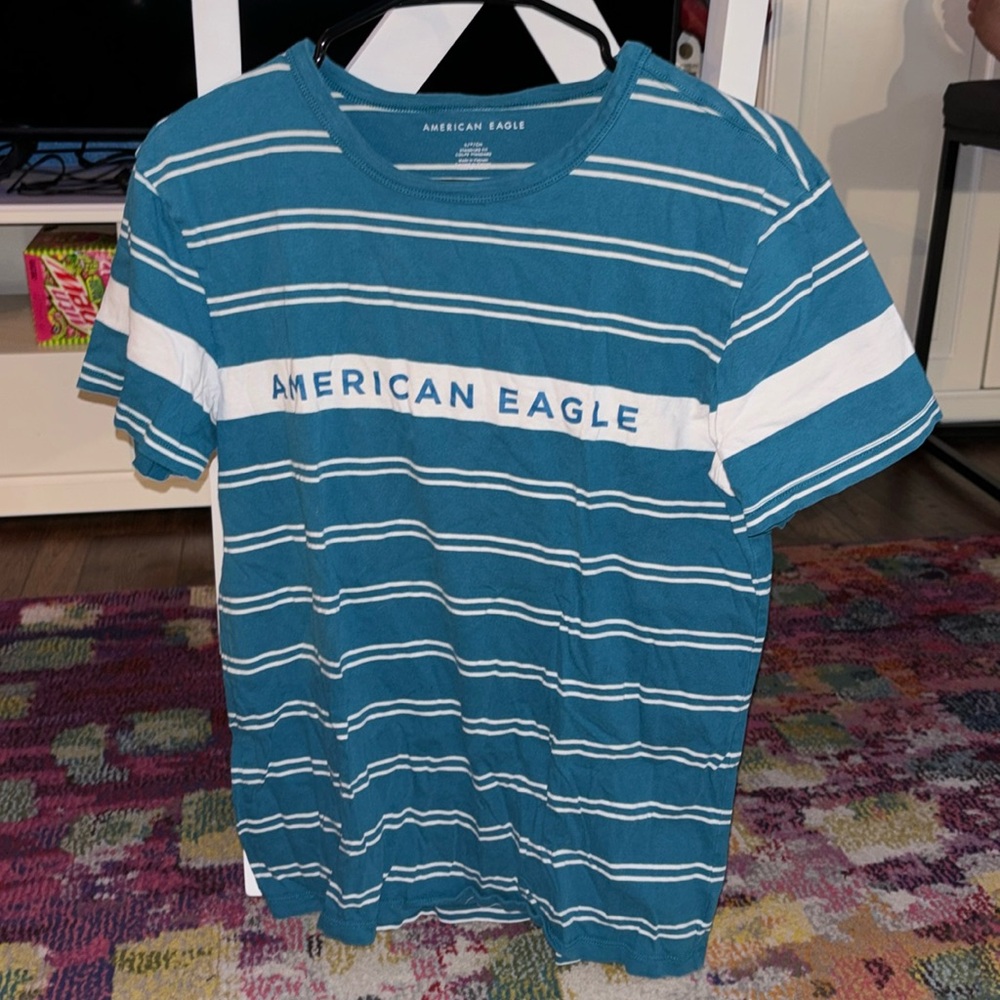 American Eagle Blue and White Striped Logo Tee Size Small